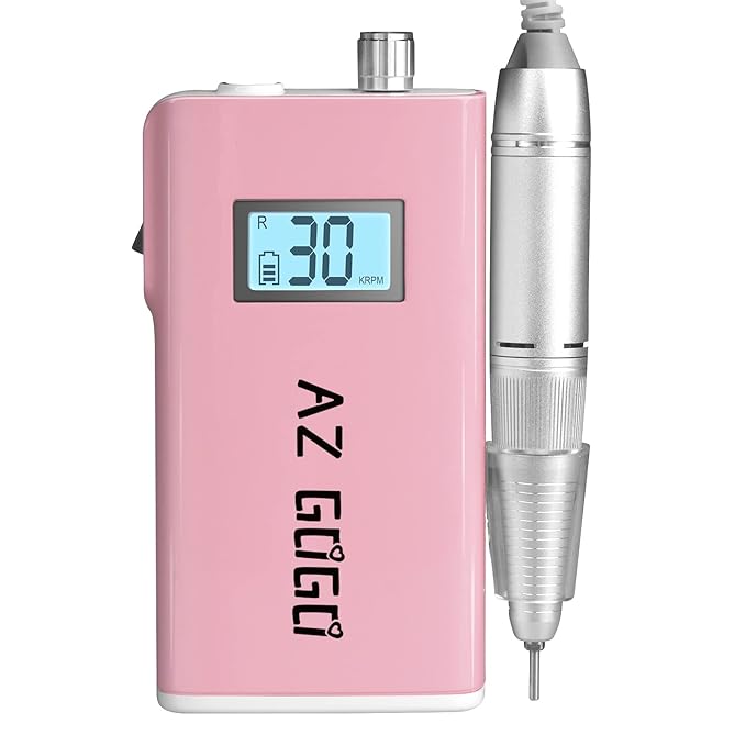 Professional Nail Drill Machine, AZ GOGO 30000RPM Rechargeable Portable Nail Drills for Acrylic Gel Nails - Cordless Electric Nail Drill with LCD Display (Pink)