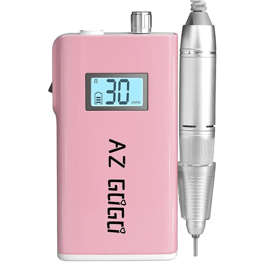 Professional Nail Drill Machine, AZ GOGO 30000RPM Rechargeable Portable Nail Drills for Acrylic Gel Nails - Cordless Electric Nail Drill with LCD Display (Pink)