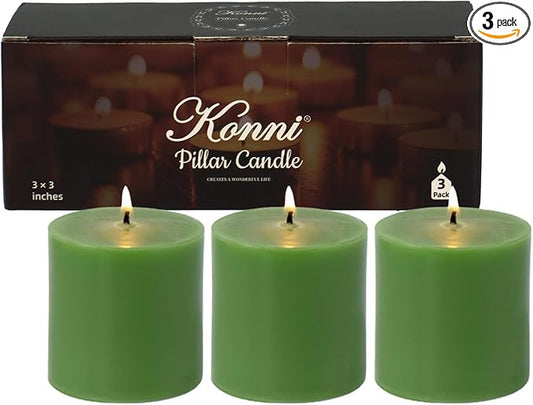 KONNI Green Pillar Candles Set of 3, 3"x 3" Unscented Pillar Candles Bulk, 30 Hours Long Burning Candles, Smokeless&Dripless Large Round Candle for Wedding, Home Decoration, Parties, Spas, Dinner
