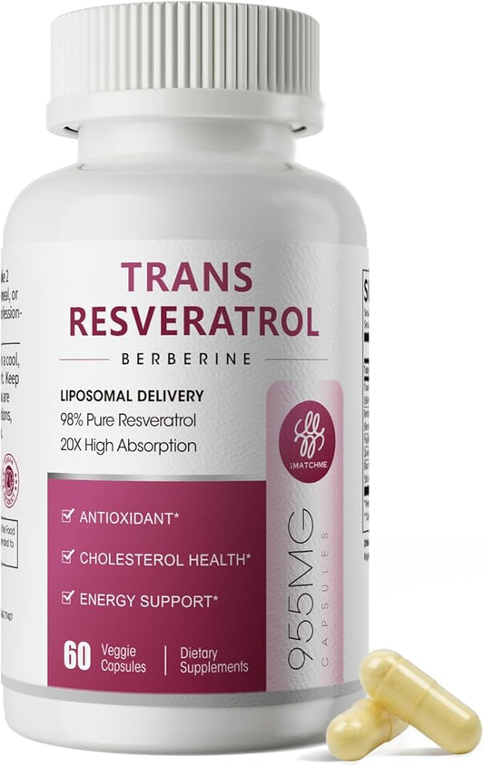 iMATCHME Resveratrol Supplement, 98% Pure Trans Resveratrol 600mg with Liposomal Delivery - Supports Antioxidant, Cholesterol Health, Heart Health, Energy - Vegan, 60 Capsules
