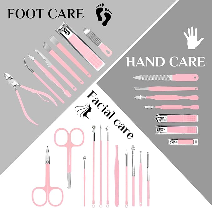 Manicure Set Professional Nail Clipper Kit-26 Pieces Stainless Steel Manicure Kit,Nail Care Tools with Luxurious Travel Case (Pink)