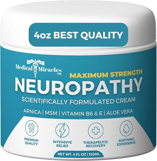 Medical Miracles Neuropathy Nerve Therapy Max-Potency Relief Cream for Feet, Hands, Legs, and Toes - Enriched with Arnica, Vitamin B6, Aloe Vera, MSM - Expertly Crafted for Exceptional Relief 4oz