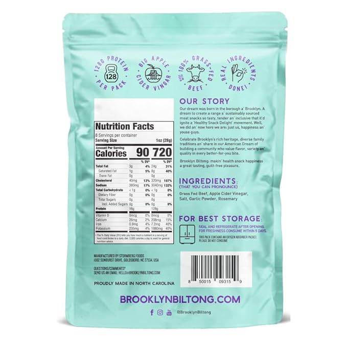 Brooklyn Biltong Air Dried Grass Fed Beef Snack, South African Beef Jerky (8 oz, Pack of 1) - Whole30 Approved, Paleo, Keto, Gluten Free, Sugar Free, Made in USA - (Steakhouse)