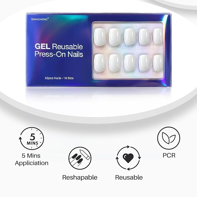 White Press on Nails Short - Soft Gel Square Press on Nails for Women Gift, Fit Perfectly & Natural Glue on Nails in 16 Sizes - 32 Reusable Fake Nails Kit with Glue, Classic White