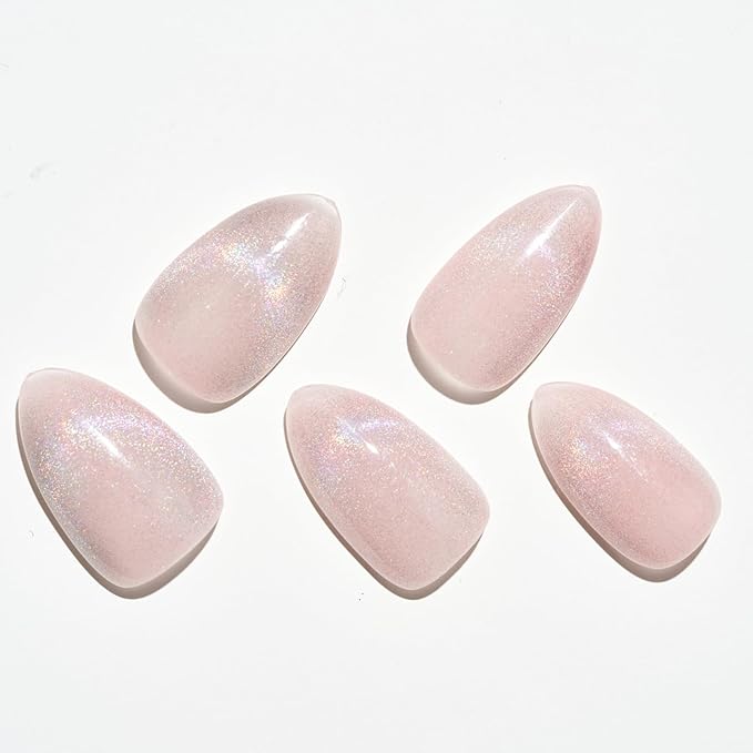 GLAMERMAID Nude Pink Cat Eyes French Tip Press on Nails Short Almond, Rainbow Magnet Handmade Gel Fake Nail Kit, Ombre Glitter Magnetic Glue on Nail Stiletto, Medium Oval Stick on False Nail for Women