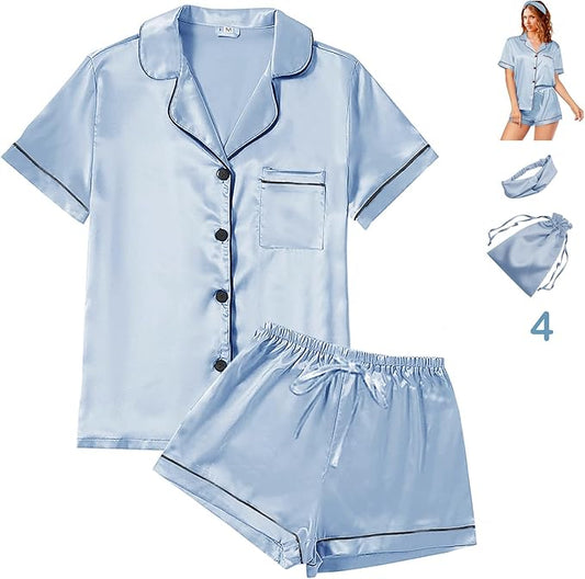 4Pcs Womens Satin Silky Pajama Sets Short Sleeve Shirt XS-4XL Floral Pajamas Set Soft PJ Loungewear Sleepwear