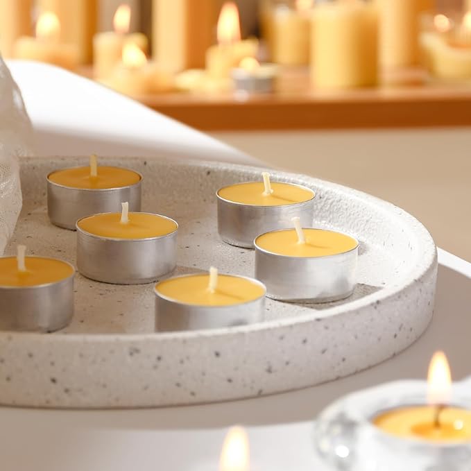 100-Pack Pure Beeswax Tealight Candles in Aluminum Cups - 4-5 Hour Burn Time, Lead-Free Cotton Wick, Natural Unscented Candles