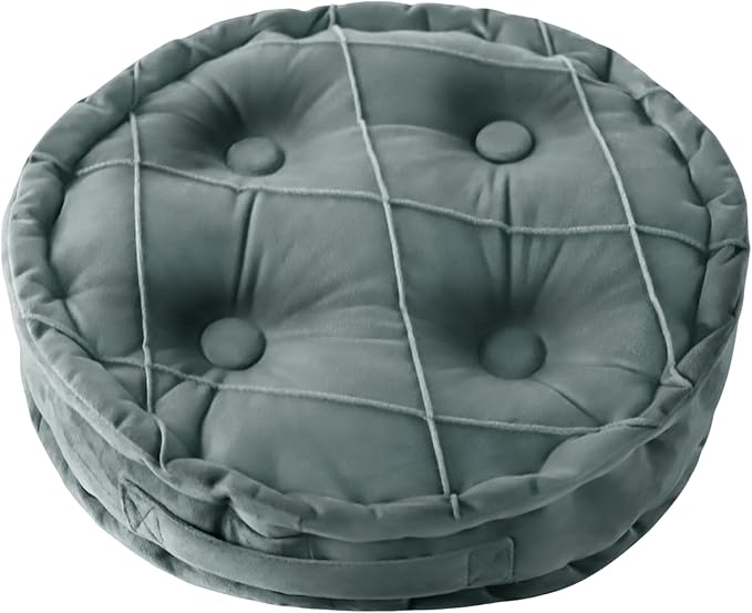 Round Velvet Meditation Cushion Pouf, Soft Tufted Floor Pillow for Living Room and Bedroom, 17.8 inch, Gray