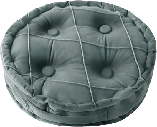 Round Velvet Meditation Cushion Pouf, Soft Tufted Floor Pillow for Living Room and Bedroom, 17.8 inch, Gray