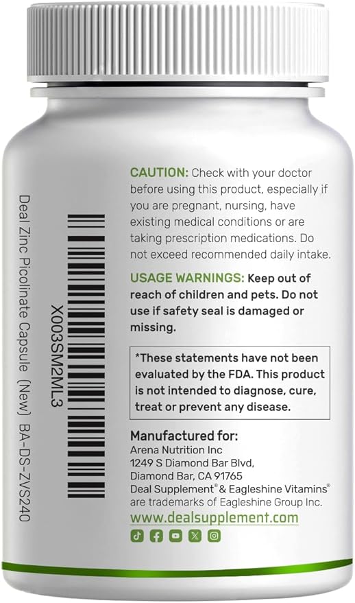 Deal Supplement Zinc 50mg with Selenium + Copper, 240 Capsules, 8 Month Supply, 3 in 1 Mineral Formula, Zinc Picolinate Complex Supplement, Supports Healthy Immune System for Adults and Kids
