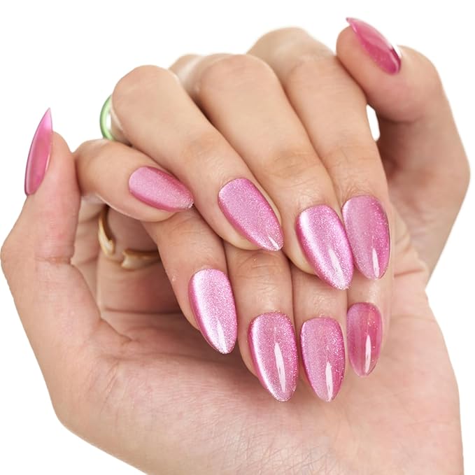 GLAMERMAID Pure Purple Magnet Cat Eye Press on Nails Short Almond, Carmine Handmade Jelly Gel Fake Nail Kits, Ombre Glitter Magnetic Glue on Nail Stiletto，Medium Oval Stick on False Nail Set for Women