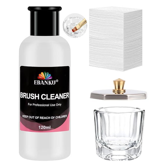 EBANKU 4OZ Nail Brush Cleaner, Nail Art Brushes Conditioner Quickly Clean Gel Nail Brush Clean Solution With Glass Cup and 100 Pcs Cleaning Pad for Nail Extension Gel
