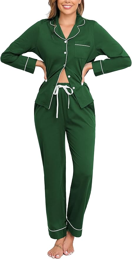 Veseacky 100% Cotton Pajamas for Women Set Long Sleeve Button Down Sleepwear Soft Pjs Lounge Sets with Pockets S-XXL