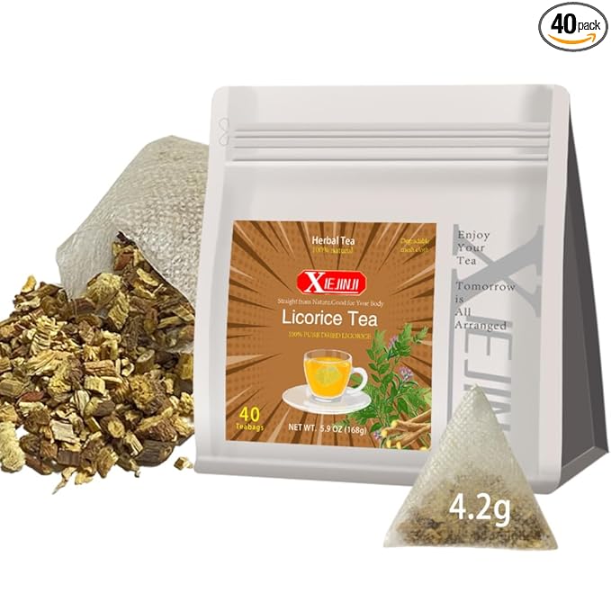 XIEJINJI Licorice Root Tea, 4.2g/Bags, Re-usable for Brew, Natural Sweet, No Sugar, No Caffeine, Aid in Digestion & Promote Respiratory Health, Eco-Conscious Tea Bags, Resealable Bag
