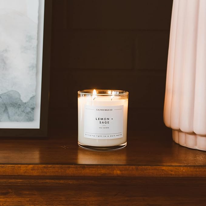 Calyan Wax Co. 2 Wick Candle, Lemon + Sage Scented Candle, 37 Hour Burn Time, Aromatherapy Soy Candles, Non Toxic & Vegan Soy Wax, Glass Tumbler Scented Candles, 8.8oz