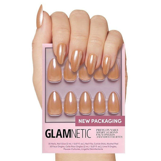 Glamnetic Press On Nails - Maple Glaze | Short Almond Nude Brown Neutral Nails with Glaze Finish | 15 Sizes - 30 Nail Kit with Glue