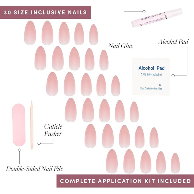 Glamnetic Press On Nails - Cloud 9 | Jelly UV Finish Medium Pointed Almond Shape, Salon Quality Pink Nail Kit in 15 Sizes, Semi-Transparent - 30 Nail Kit with Glue