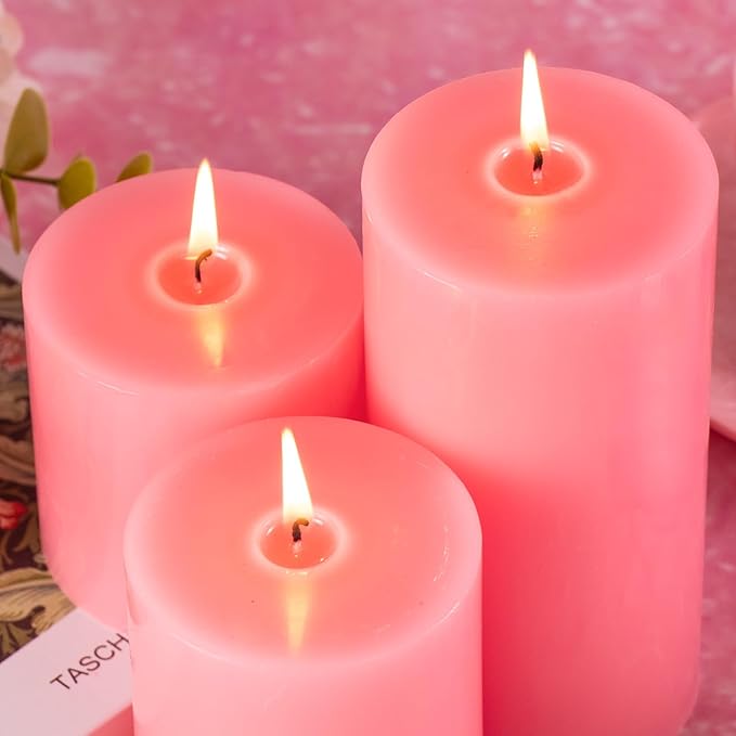 KONNI Pink Pillar Candles Set of 3, 3"x 6" Unscented Pillar Candles Bulk, 56 Hours Long Burning Candles, Smokeless&Dripless Large Round Candle for Wedding, Home Decoration, Parties, Spas, Dinner