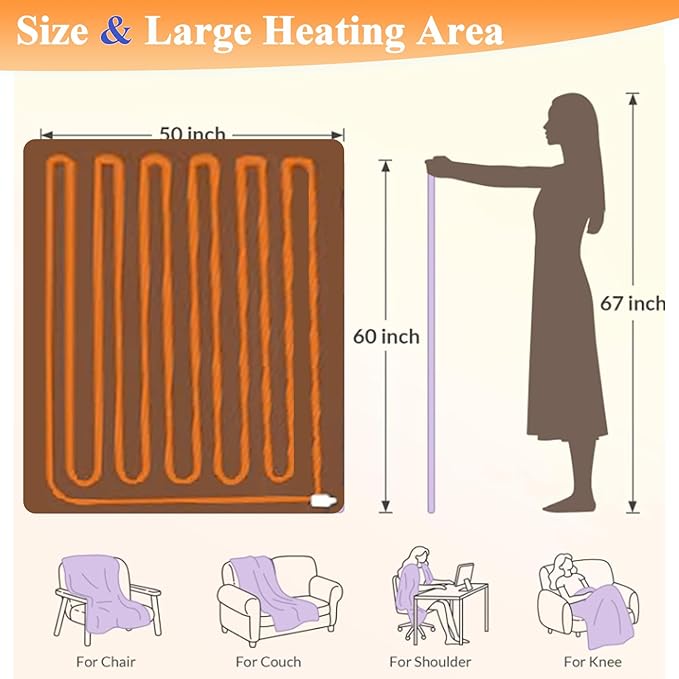 Heated Blanket Electric Throw, 50"X60" Heating Blanket with 12 Heat Levels, Fast Heating Blanket with 1-12 Timer Settings, Overheat Protection with ETL & FCC for Bed Home Office Sofa (Milky White)