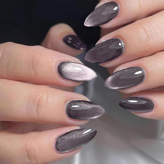GLAMERMAID Dark Purple Magnet Cat Eyes Press on Nails Short Almond, Black Aurora Handmade Jelly Gel Fake Nail Kit, Ombre Glitter Magnetic Glue on Nail Stiletto, Medium Oval Stick on False Nail Women