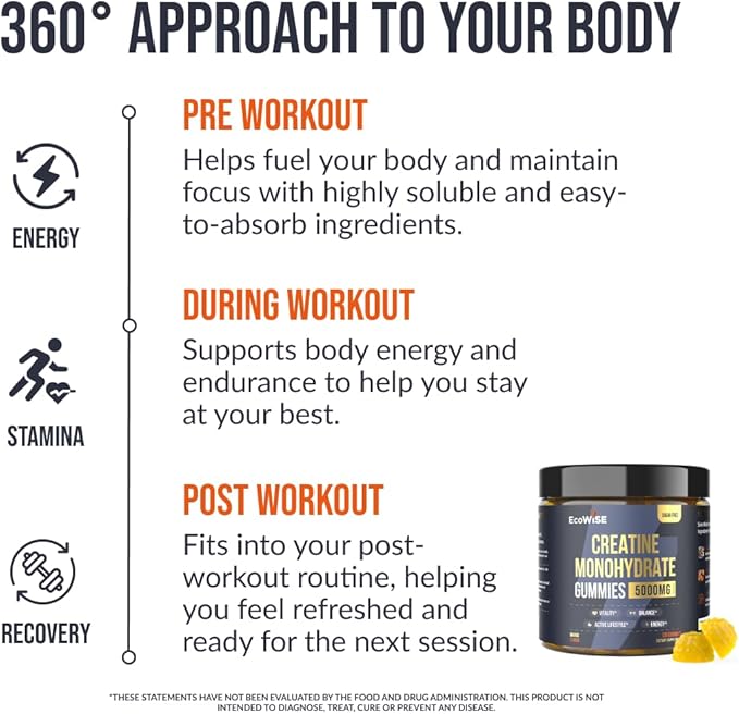 EcoWise Wellness Creatine Monohydrate Gummies 5000 mg, Mango Flavor, Sugar-Free Vegan Chews, Creatine Supplement for Daily Routine