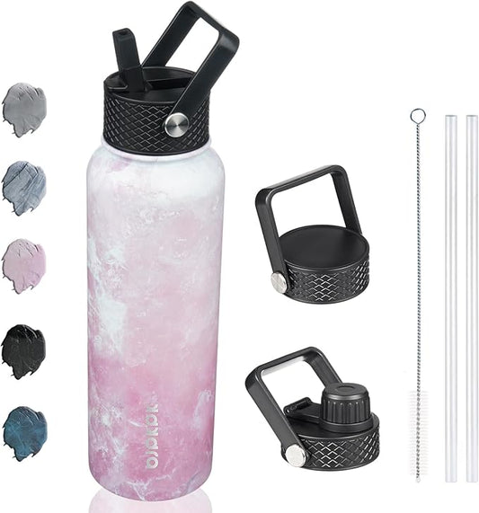 BJPKPK Insulated Water Bottles with Straw Lid, 40oz Stainless Steel Water Bottles with 3 Lids, BPA Free Leakproof Thermo, Tumblers, Cups for Sports, Gym- Blossom
