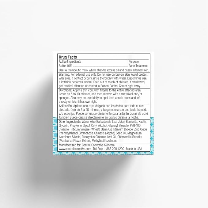 CONTROL CORRECTIVE Sulfur Calming Mask – 10% Sulfur Clay Treatment for Blemish-Prone Skin, Soothing Aloe & Clay Formula, 2 oz