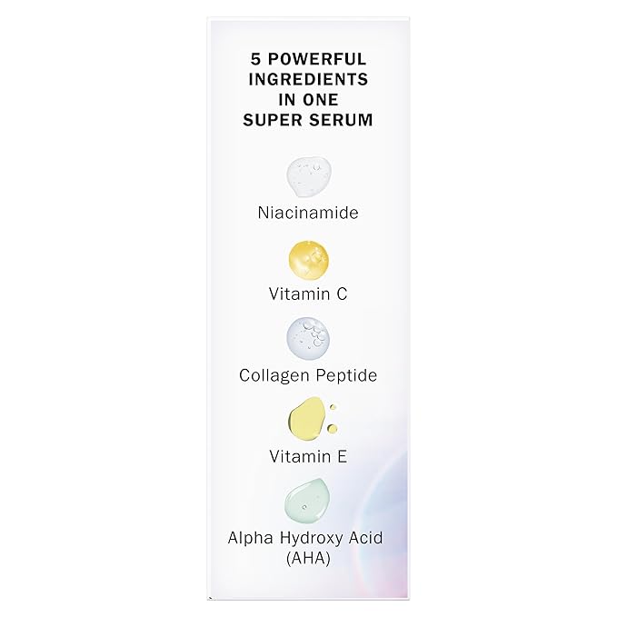Olay Super Serum Trial Size - Niacinamide, Vitamin C & E, Collagen Peptide, AHA - 5-in-1 Skin Care Benefits - Healthy Glow, Brightening, Hydrating, Smoothing, Firming, Evens Tone, Anti-Aging, 0.4 Oz