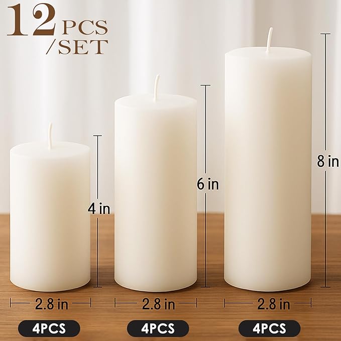 White Pillar Candles Set, 12 Packs, 2.8 in x 4, 6, 8 Inch Assorted Size Unscented Pillar Candles Bulk for Home Decor, Long Burning Candle for Emergency, Holiday Dinner, Dripless & Smokeless