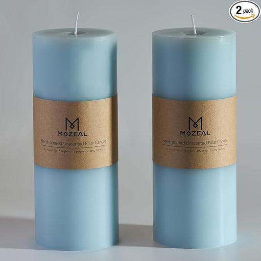 MOZEAL 4" x 10" Extra-Large Baby Blue Pillar Candles (Set of 2), Unscented, Dripless, Smokeless, Long Clean-Burning, Tall 10 inch Large Baby Blue Pillar Candles for Baby Showers and Spring Decor