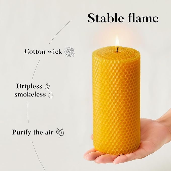 Beeswax Pillar Candles, 3x6 Inch -Set of 3 Hand-Rolled Honeycomb Candle - Long Burning 135+ Hours, Dripless Smokeless Unscented Handmade Beeswax for Home Decor, Prayer, Wedding,SPA