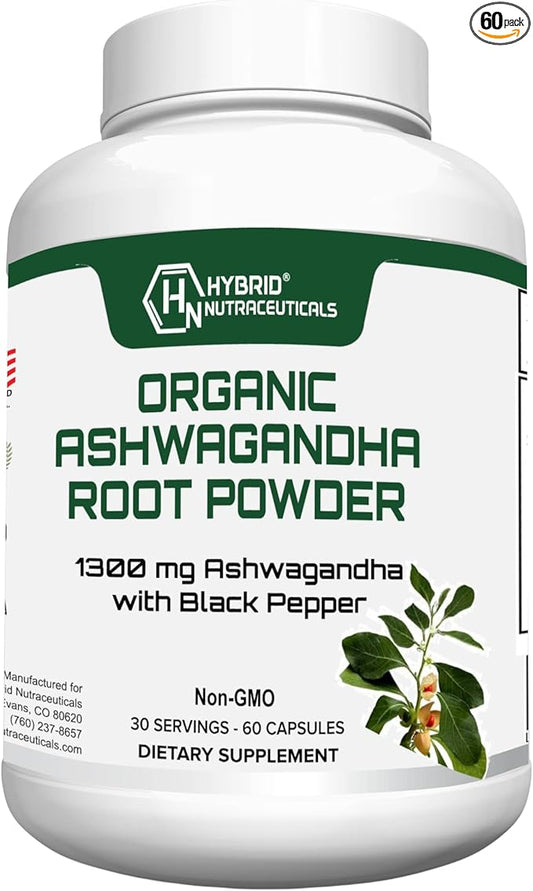 Hybrid Nutraceuticals Organic Ashwagandha Root Powder Capsules 1300mg, with Black Pepper Extract - Stress and Immune Support - 60 Capsules