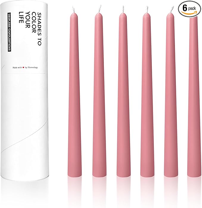 6 PK 10" Classic Taper Candles, Old Rose Pink, 7-8 Hours Long Burning, Unscented Tall Candlesticks