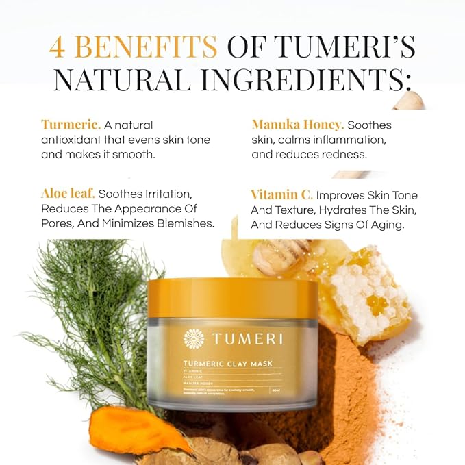 TUMERI Turmeric Vitamin C Clay Mask for Dark Spots – Turmeric Clay Face Mask Skin Care, Deep Cleansing Pores - Improves Uneven Tone, Post-Blemish, Visibly Brighten – 2 oz with Mask Brush Applicator