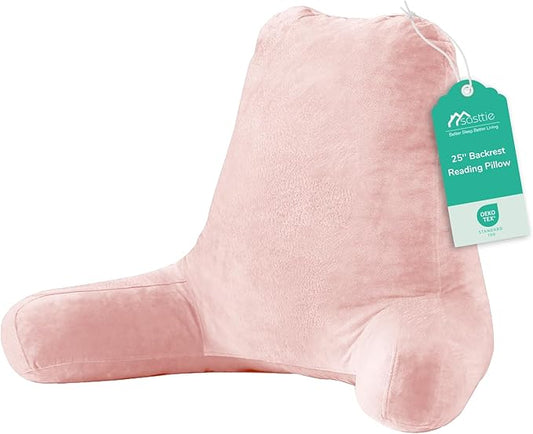 Sasttie 25-inch Reading Pillows for Sitting in Bed Adult, Jumbo Velvet Back Pillow Bed Sitting Up, XL High Back-Rest Support Cushion for Sit Up on Couch & Floor, Oeko-Tex Certified, Peach Pink