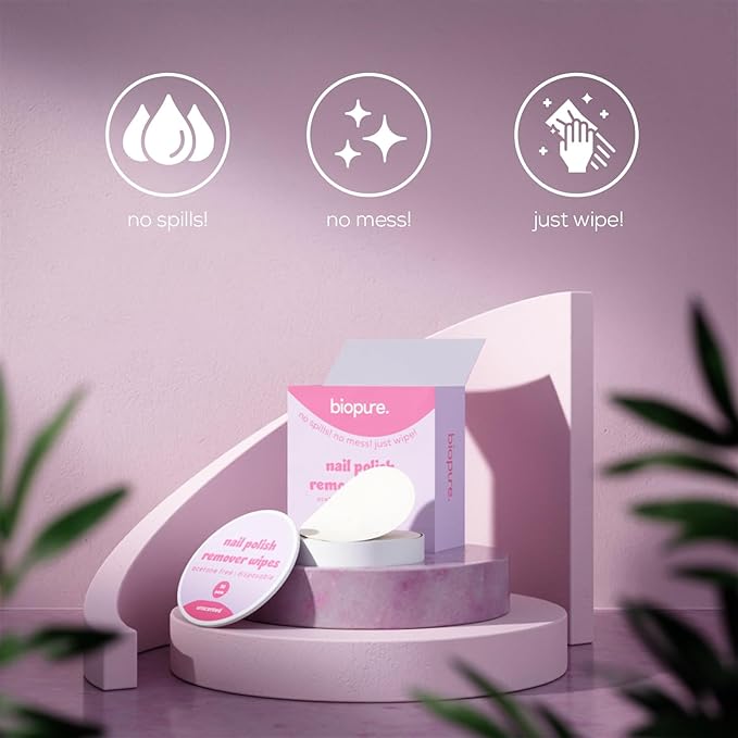 Biopure Nail Polish Remover Wipes Acetone-Free & Non-Toxic – Quick & Easy Nail Polish Removal, Travel-Friendly Disposable Pads w/Sealable Jar (30 Count, Unscented)