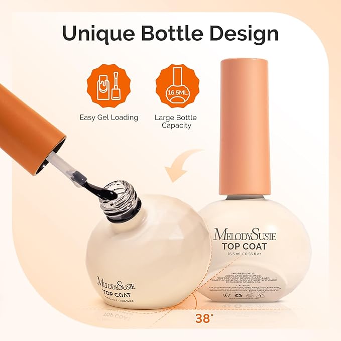 MelodySusie Plant-Based 16.5ml 2Pcs Gel Base and Glassy Top Coat Set, Unique Tilt-and-Stand Bottle for Easy Gel Access, TPO&HEMA&HPMA Free, No Wipe Foundation for UV Light Cured with Long Wear Shine