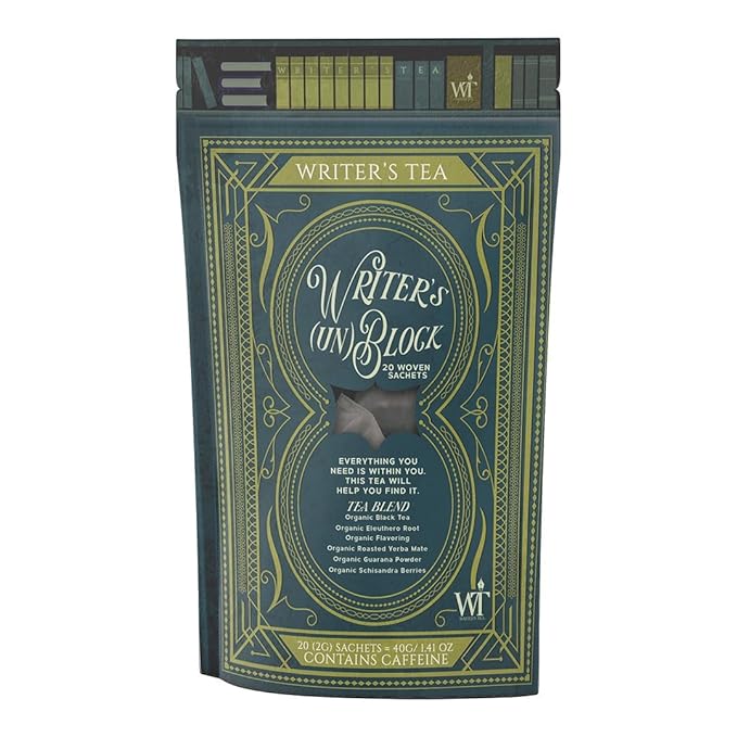 Writer's Tea Writer's (Un) Block - Focus Tea - Black Tea, Eleuthero Root, Flavoring, Roasted Yerba Mate, Guarana Powder, and Schisandra Tea Blend - Contains Caffeine - 20 Woven Sachets