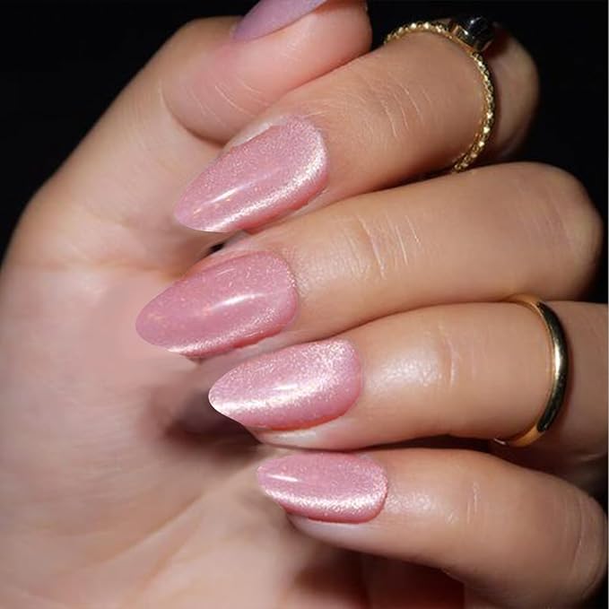 GLAMERMAID Pink Magnet Cat Eyes Press on Nails Short Almond, Handmade Jelly Gel Fake Nail Kits, Ombre Glitter Magnetic Glue on Nail Stiletto, Aurora Medium Oval Stick on False Nail Set for Women