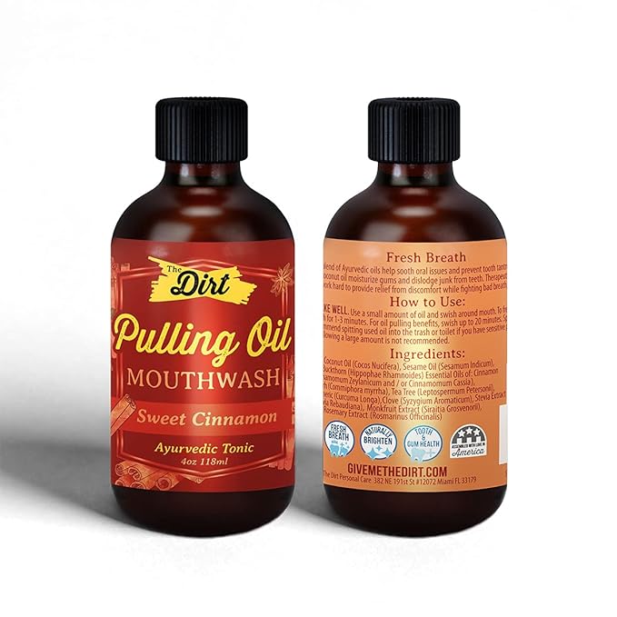 THE DIRT Oil Pulling Mouthwash - Gluten Free - Removes Plaque, Tartar, Bad Breath & Whitens Teeth (Sweet Cinnamon, 4 Ounce)