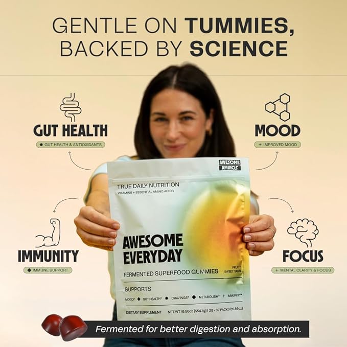 Awesome Everyday Superfood Gummies for Adults – Daily Multivitamin for Women & Men - EAAs, Mushrooms & Adaptogens - Vegan, No Artificial Flavors, Colors or Seed Oils - Essential Amino Acids - 28 Count