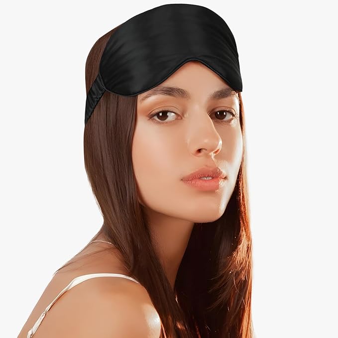 Silk Eye Mask for Sleeping for Women/Men/Adults with Elastic Strap,Blackout Pure Mulberry Silk Sleep Mask for Side Sleeper/Travel/Plane,Black