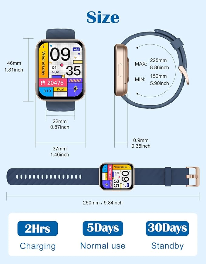 RUIMEN Smart Watches for Women Men (Answer/Make Calls) Compatible with iPhone/Android Phones, 1.85" HD Screen Fitness Tracker Heart Rate Monitor 100+ Sports Tracker Watch Waterproof (Blue)
