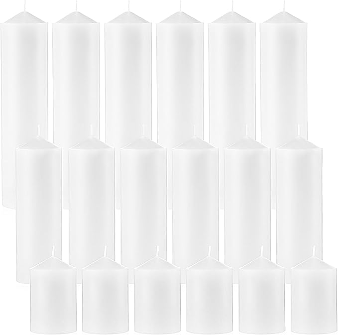 MTLEE 18 Pcs Set of 3 Pillar Candles Bulk 2 in x 3, 6, 8 Long Burning Clean Unscented Smokeless Pillar Candles for Wedding Emergency Lanterns Ceremony Party(Plain White)