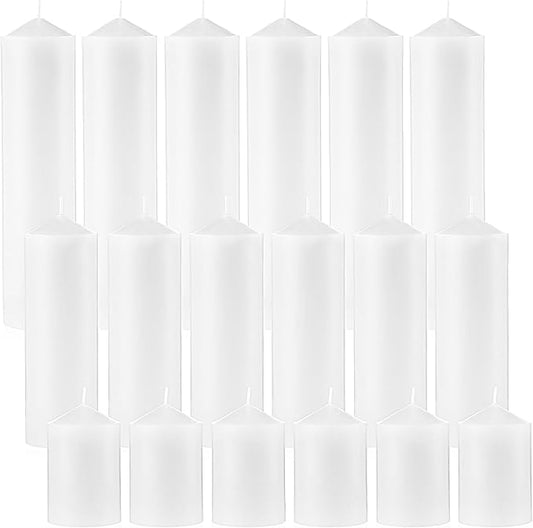 MTLEE 18 Pcs Set of 3 Pillar Candles Bulk 2 in x 3, 6, 8 Long Burning Clean Unscented Smokeless Pillar Candles for Wedding Emergency Lanterns Ceremony Party(Plain White)