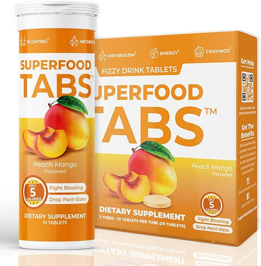 Superfood Tabs skinnytabs Anti-Bloat Cleanse Drink with 15 Superfoods | Supports Digestion, Energy & Cravings | Vegan, Non-GMO | 30 Effervescent Tabs – Peach Mango Flavor