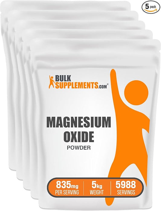 BulkSupplements.com Magnesium Oxide Powder - Magnesium Oxide Supplement, Mineral Supplement - Food Grade & Gluten Free, 835mg per Serving, 5kg (11 lbs) (Pack of 5)