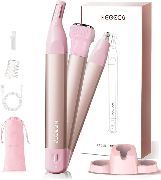Nose Hair Trimmer for Women 3in1 Facial Hair Removal Trimmers with Storage Base - Waterproof, Portable USB Rechargeable with Travel Bag- Trims Nose, Ear, Eyebrow, Peach-Fuzz, Lips, Chin Face Hair