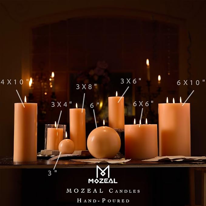 MOZEAL 4" x 10" Extra-Large Peach Fuzz Pillar Candles (Set of 2), Unscented, Dripless, Smokeless, Long Clean-Burning, Tall 10 inch Large Peach Fuzz Pillar Candles for Gentle Evenings Decor