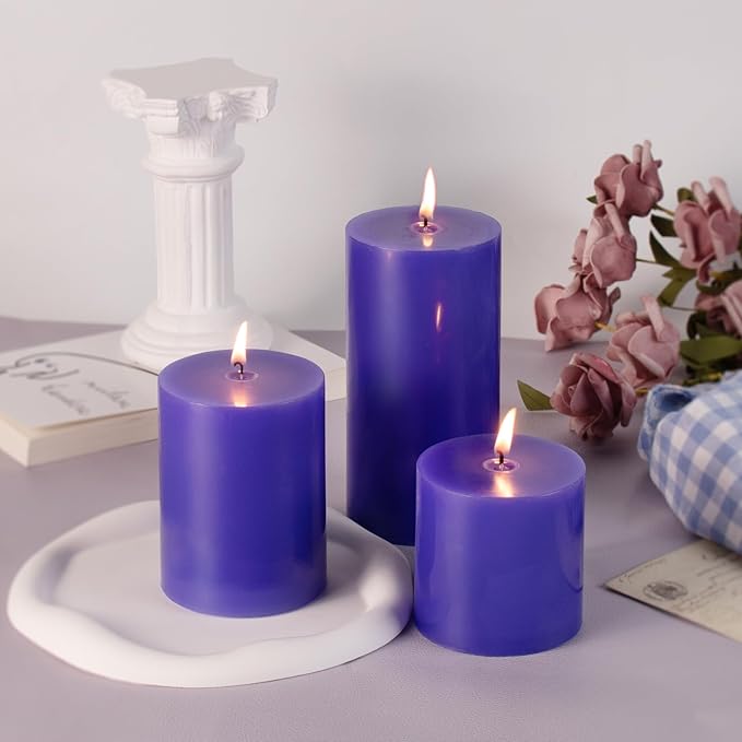 KONNI Violet Pillar Candles Set of 3, 3"x 6" Unscented Pillar Candles Bulk, 56 Hours Long Burning Candles, Smokeless and Dripless Large Round Candle for Wedding, Home Decoration, Parties, Spas, Dinner